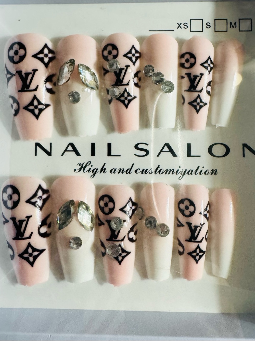 Designer Logo Pink & White Rhinestone Press-On Nails
